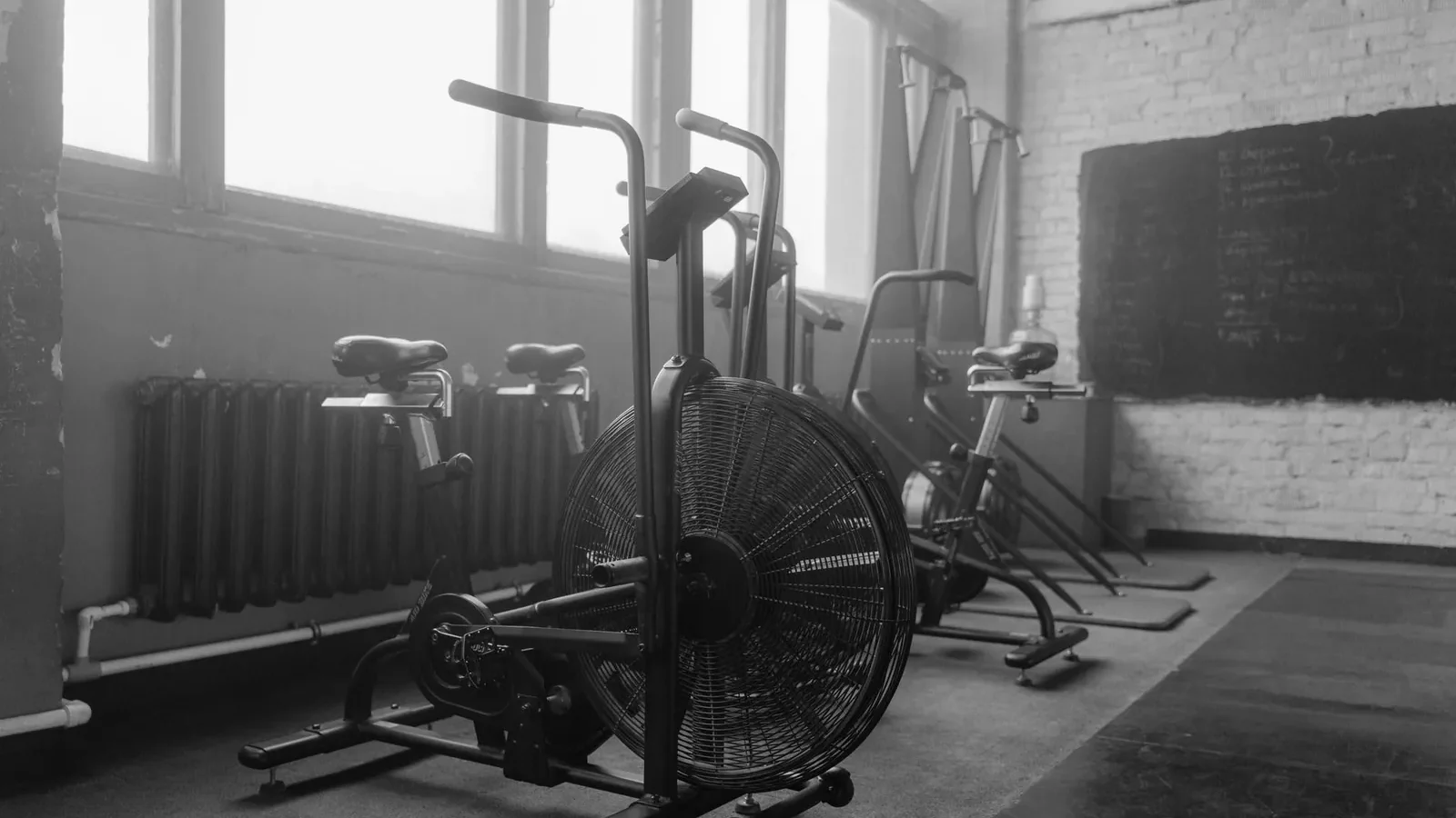 Treadmill and elliptical machine side by side in a home gym with wood flooring and natural light