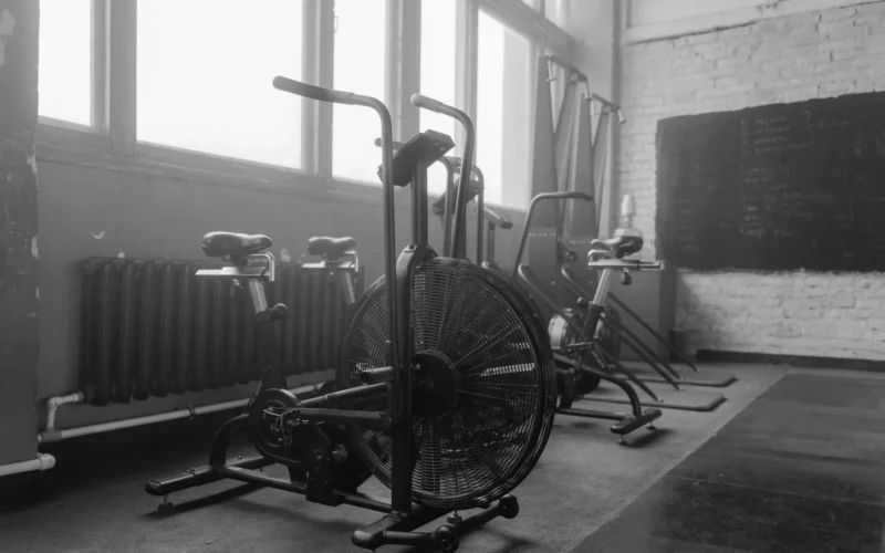 Treadmill and elliptical machine side by side in a home gym with wood flooring and natural light
